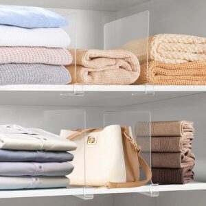 clear shelf dividers for closet organization with neatly stacked clothes and handbags