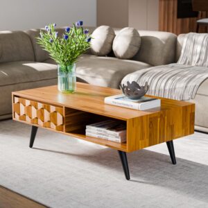 Mid-century modern solid wood coffee table with drawers and open shelving in teak finish
