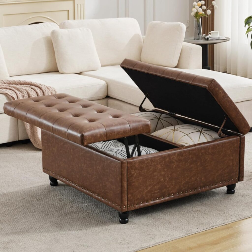 storage bench ottoman with wooden legs in modern minimalist living room decor