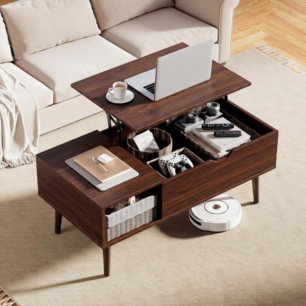 lift top coffee table with hidden storage in contemporary living room setup