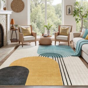 Mid-century modern abstract area rug in blue and yellow with soft low pile texture