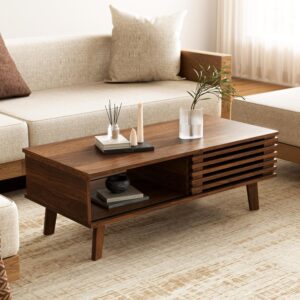 mid century modern wood coffee table with storage for living room