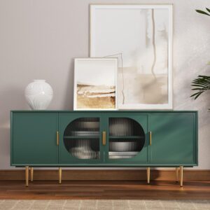 Modern mid-century TV stand in green with glass cabinet door and storage compartments