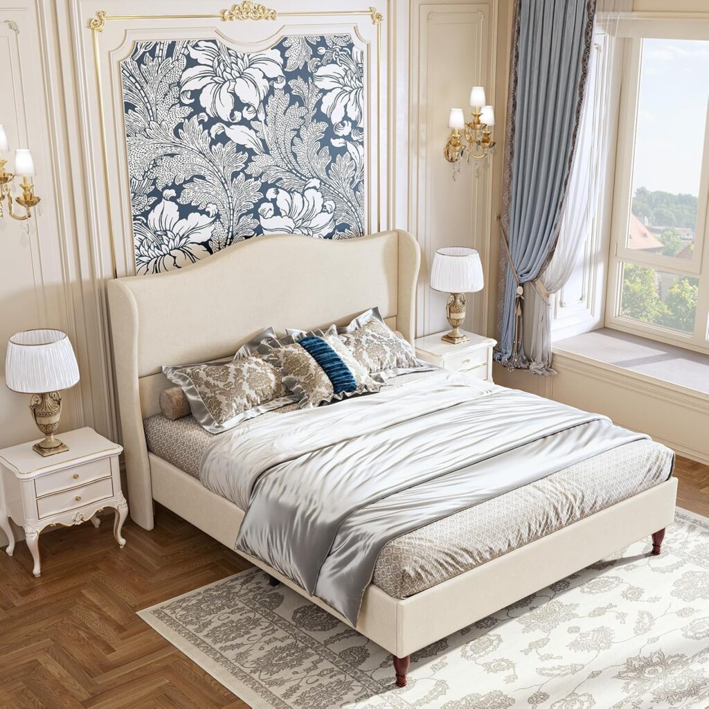 wingback upholstered bed frame with tall headboard in elegant bedroom
