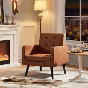 mid century modern accent chair with tufted back and wood legs