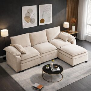 cloud sectional sofa with storage ottoman in modern family living room