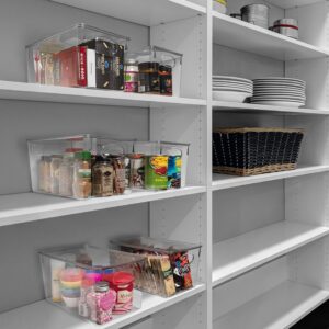 pantry organization with clear storage bins and containers on shelves for easy visibility and organization