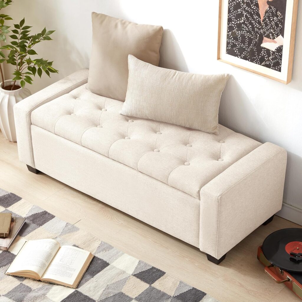 tufted storage ottoman bench in living room used as seating and storage