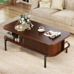 Mid-century modern fluted coffee table with sliding cabinet door and open shelf in walnut finish