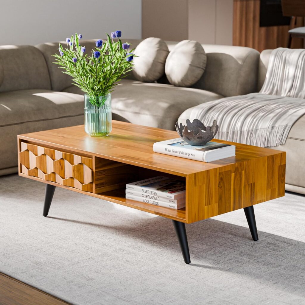 Mid-century modern solid wood coffee table with drawers and open shelving in teak finish