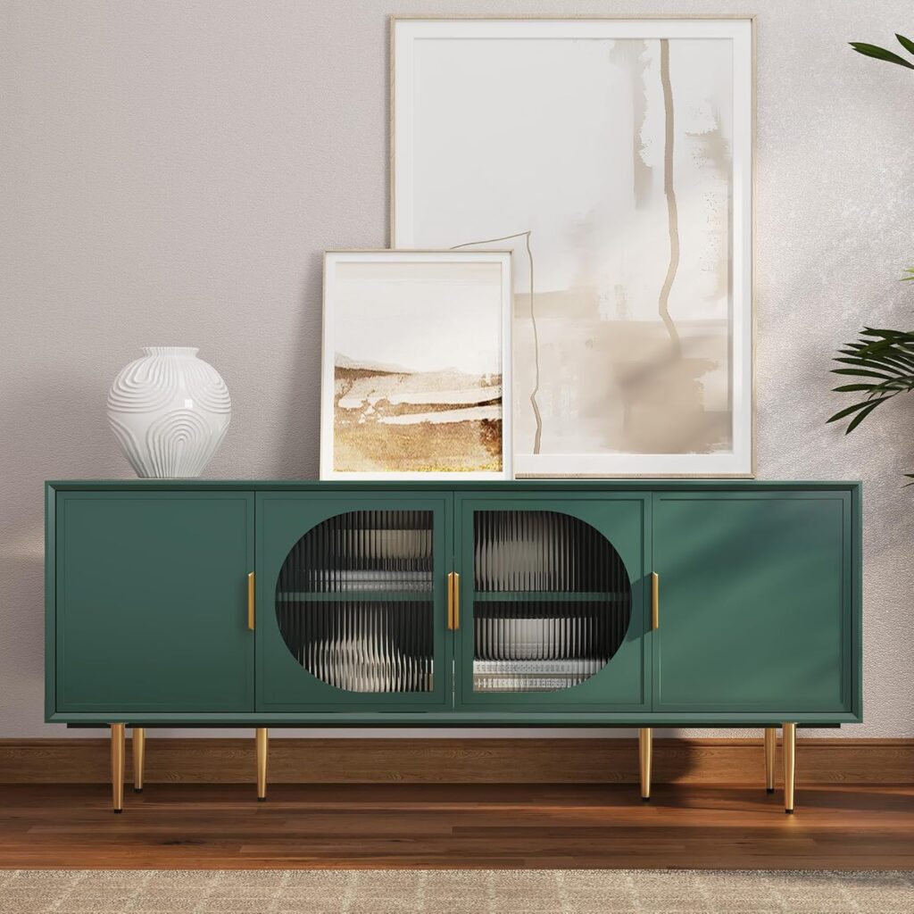 Modern mid-century TV stand in green with glass cabinet door and storage compartments