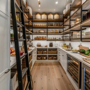 Neatly organized pantry with clear containers, labeled bins, and stacked storage for easy access
