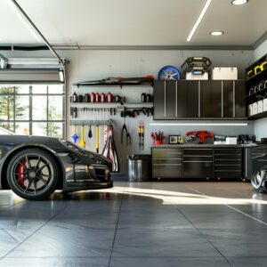 Clean and organized garage with wall storage, shelving units, and labeled bins for tools and equipment
