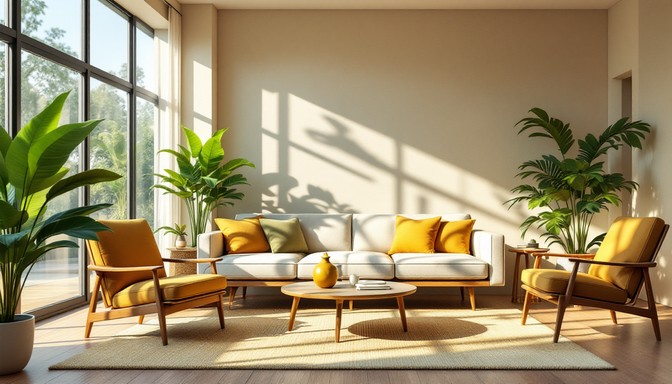 mid century modern living room setup with leather sofa coffee table and neutral rug