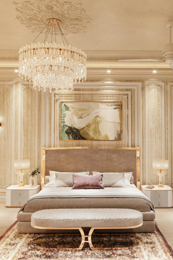 Elegant upholstered bed with layered neutral bedding in a cozy modern bedroom