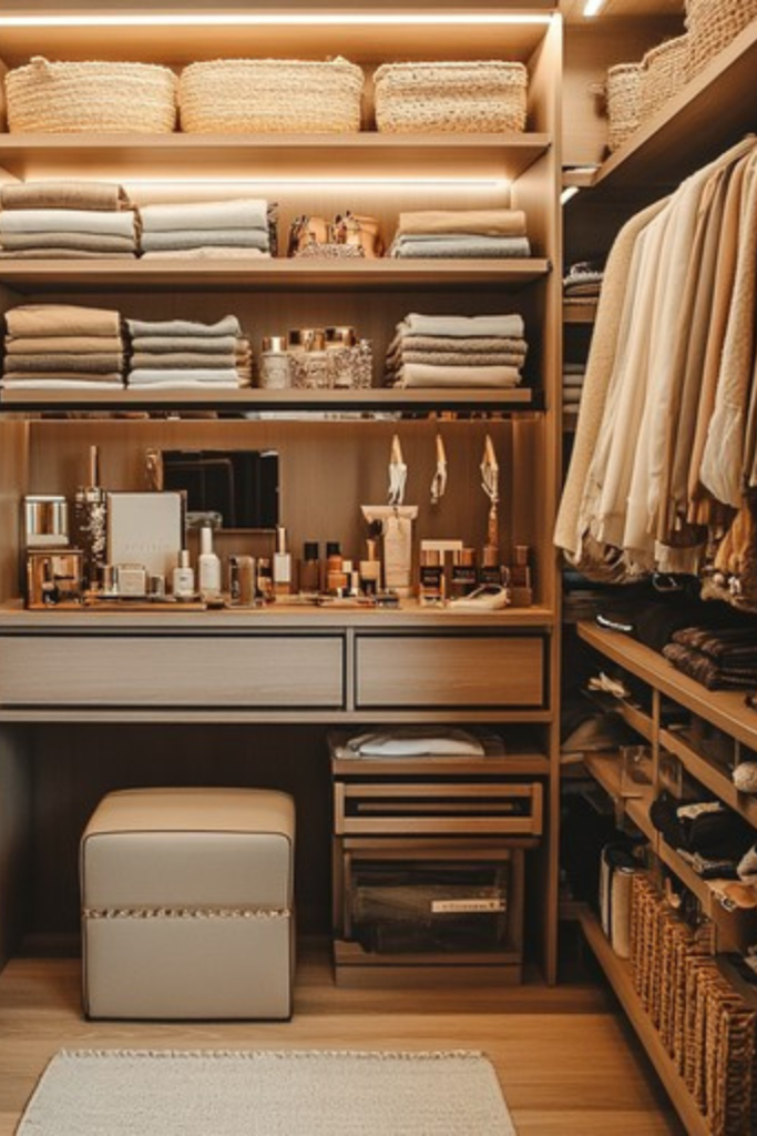 closet organization ideas with shelves, bins, and hanging clothes in a clean, minimal space