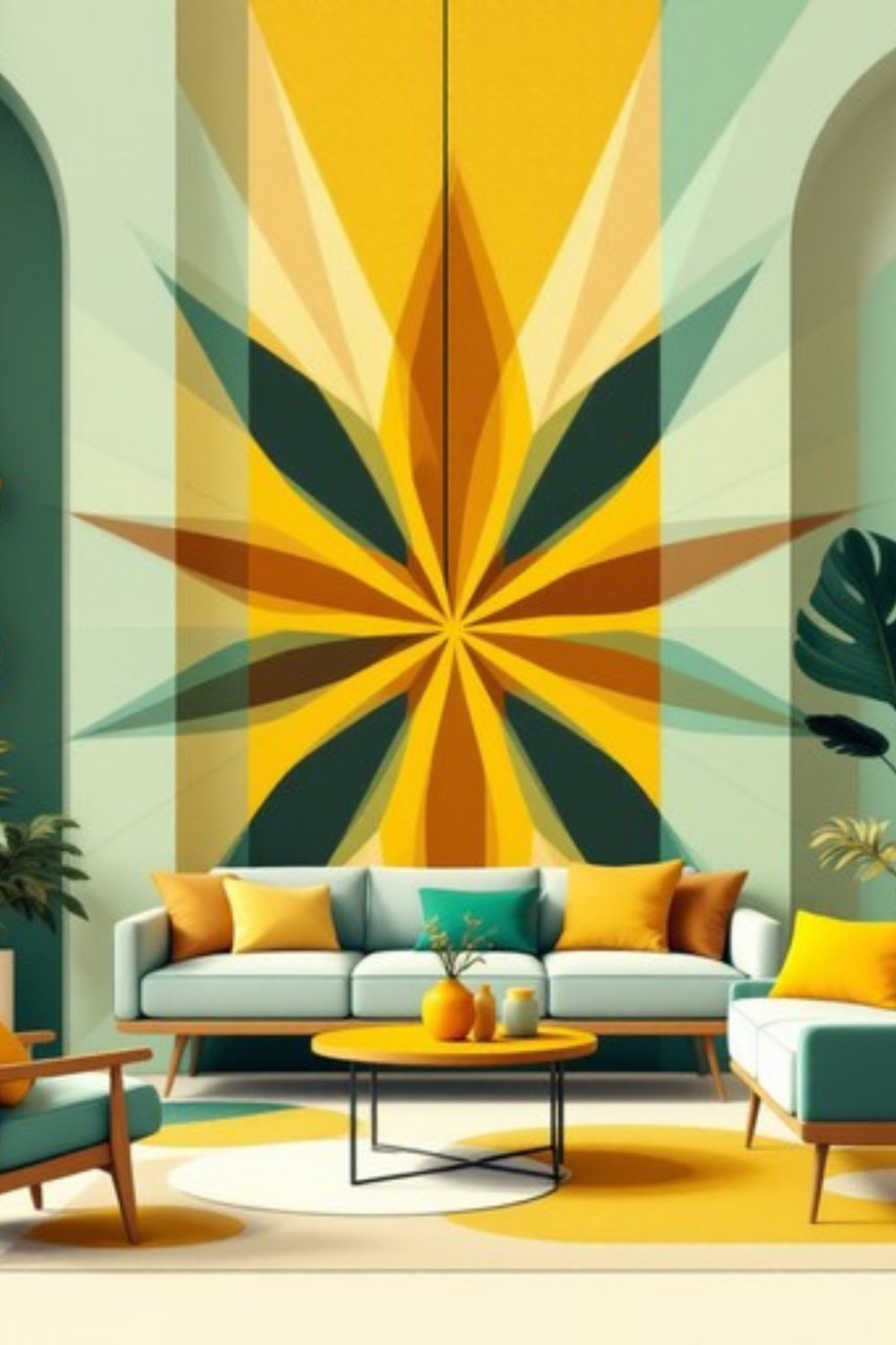 Mid-century modern living room with colorful wall art, pastel green sofa, and wood accent furniture