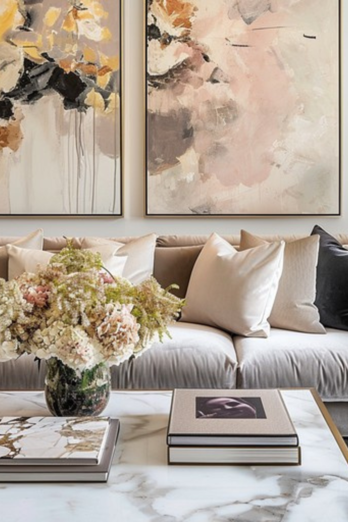 Neutral living room featuring a sofa, decorative pillows, and coffee table styling