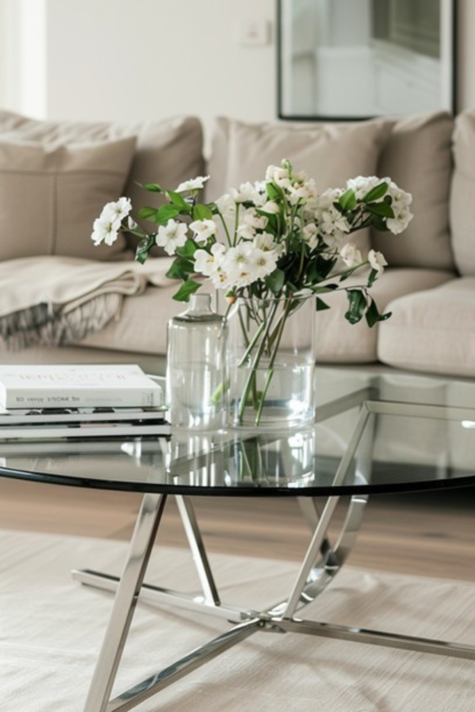 Glass coffee table with silver legs styled with flowers in a modern living room