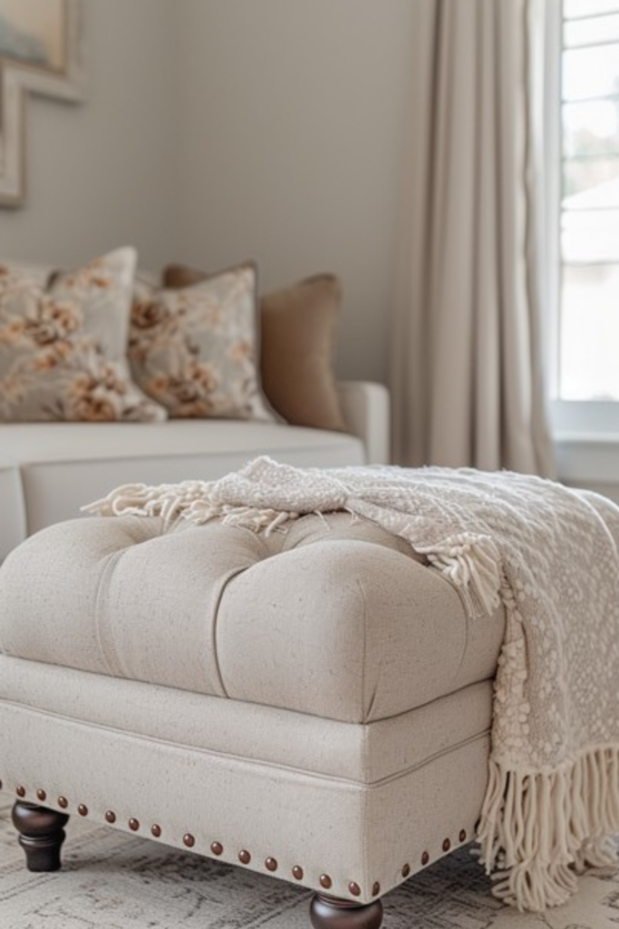 Cream tufted storage ottoman with a soft throw blanket draped over it