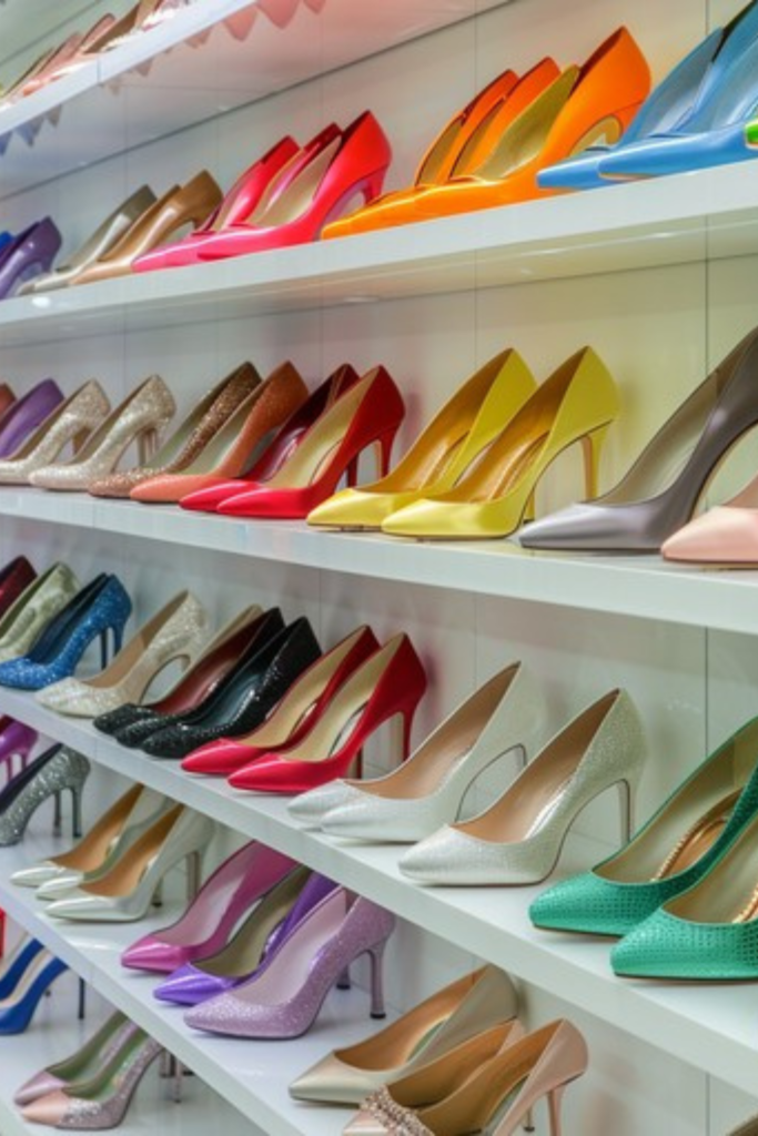 Colorful shoe storage display with neatly organized high heels arranged on wall shelves