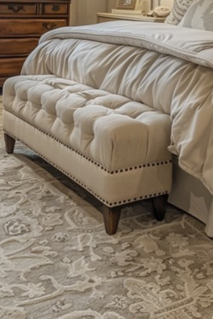 Cream tufted storage ottoman with wooden legs in a cozy living room