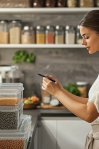 Woman organizing kitchen storage bins and labeling jars in a tidy kitchen