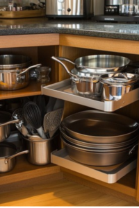 Corner kitchen cabinet with pull-out shelves storing neatly organized pots and pans
