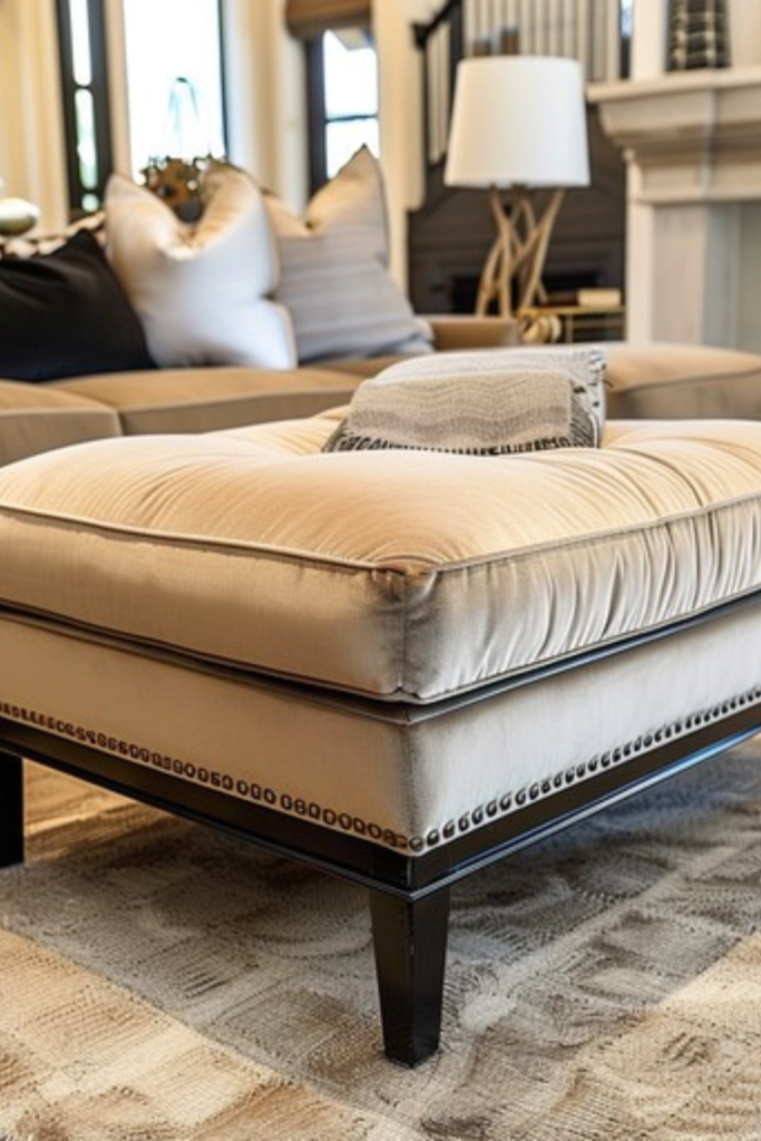 Modern storage ottoman with tan upholstery and black base