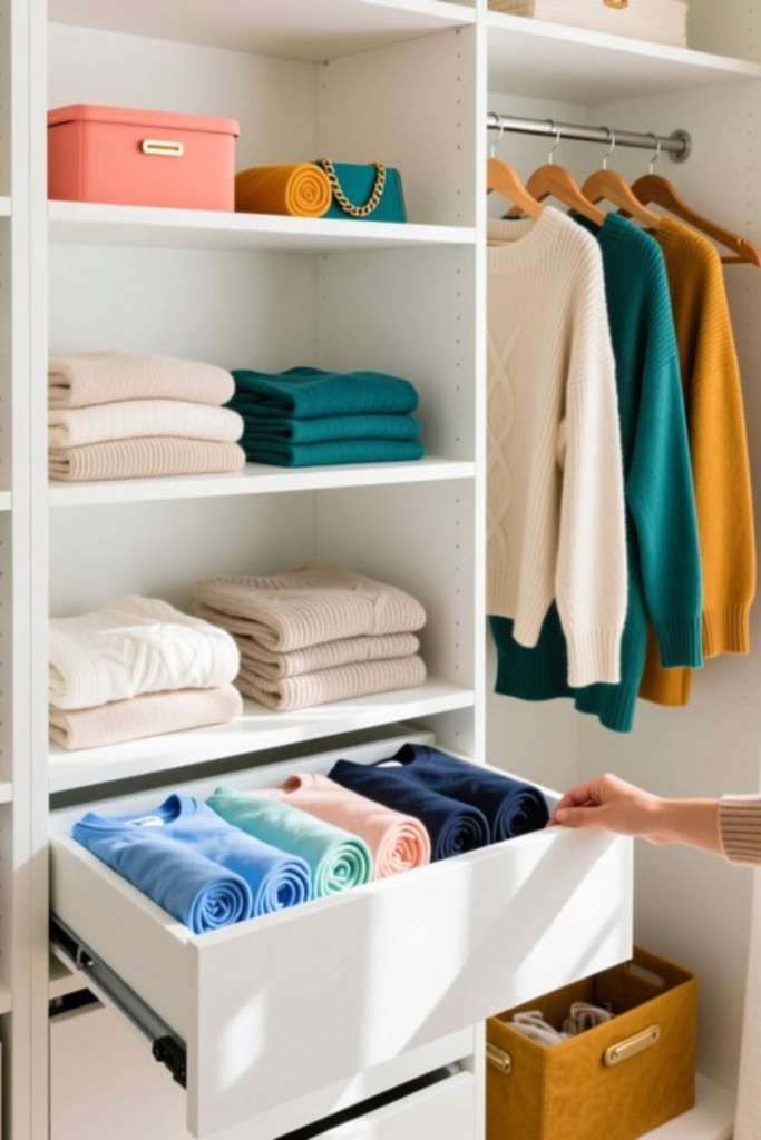 Organized closet with matching hangers, folded sweaters, storage bin, and neatly rolled clothing