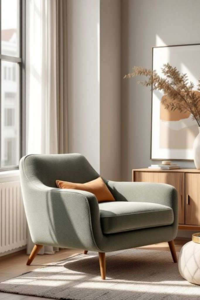 Oversized sage green accent chair in a cozy and inviting living room