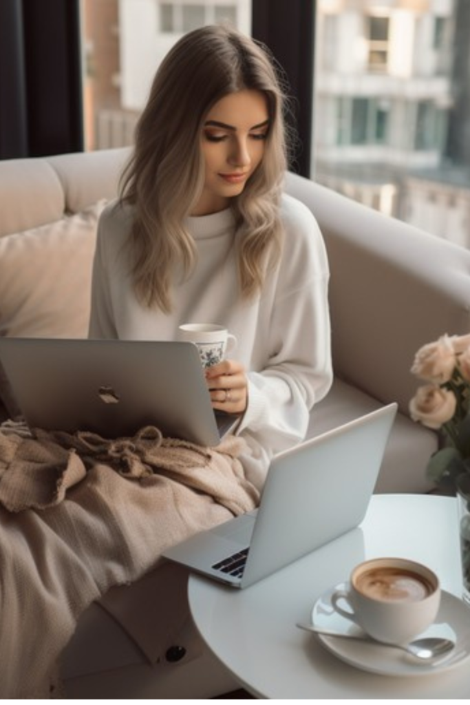 Woman relaxing on a comfortable sofa with a blanket and laptop