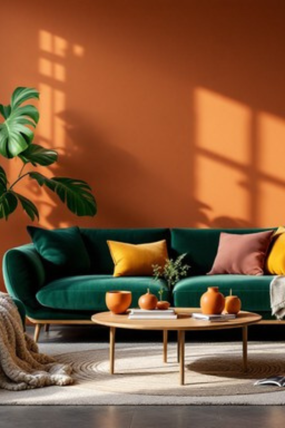 Light oak coffee table styled in front of a dark green sofa and warm orange accent wall