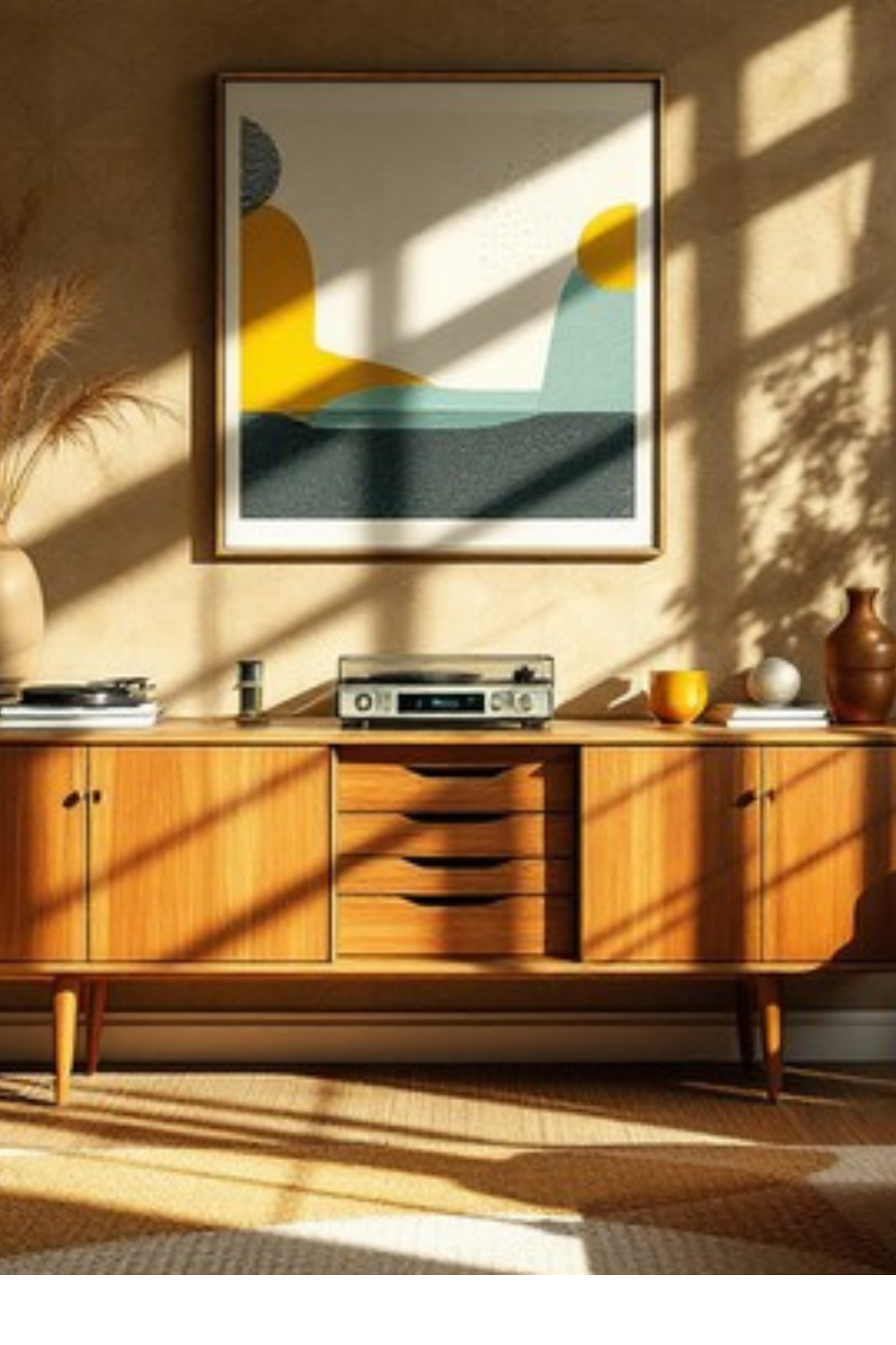 Mid-century modern wood media console with record player, books, and decorative accents
