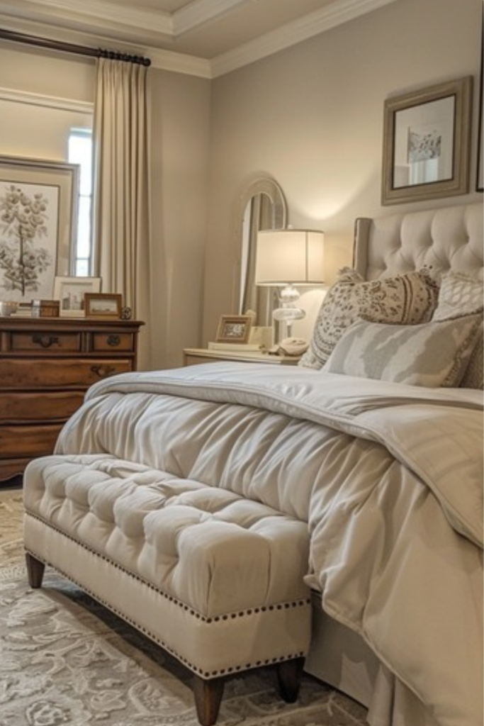 Cream tufted storage bench placed at the foot of a luxury bed