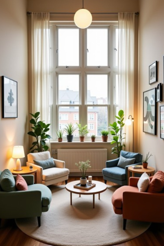 Cozy living room seating area with four upholstered accent chairs in different colors around a round coffee table, side tables, soft rug, plants, and natural light from large windows.