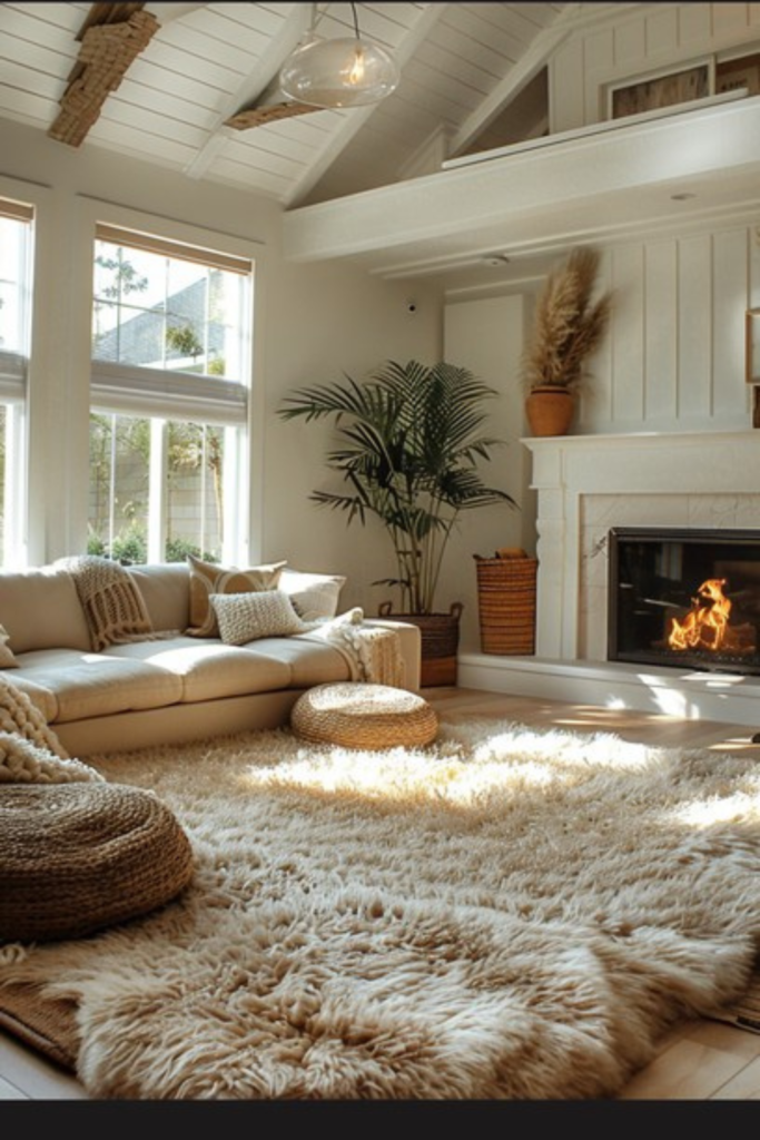 Cream sofa styled in a cozy high-end living room with layered neutral pillows, soft throw blanket, warm lighting, fireplace, and large windows with natural light.