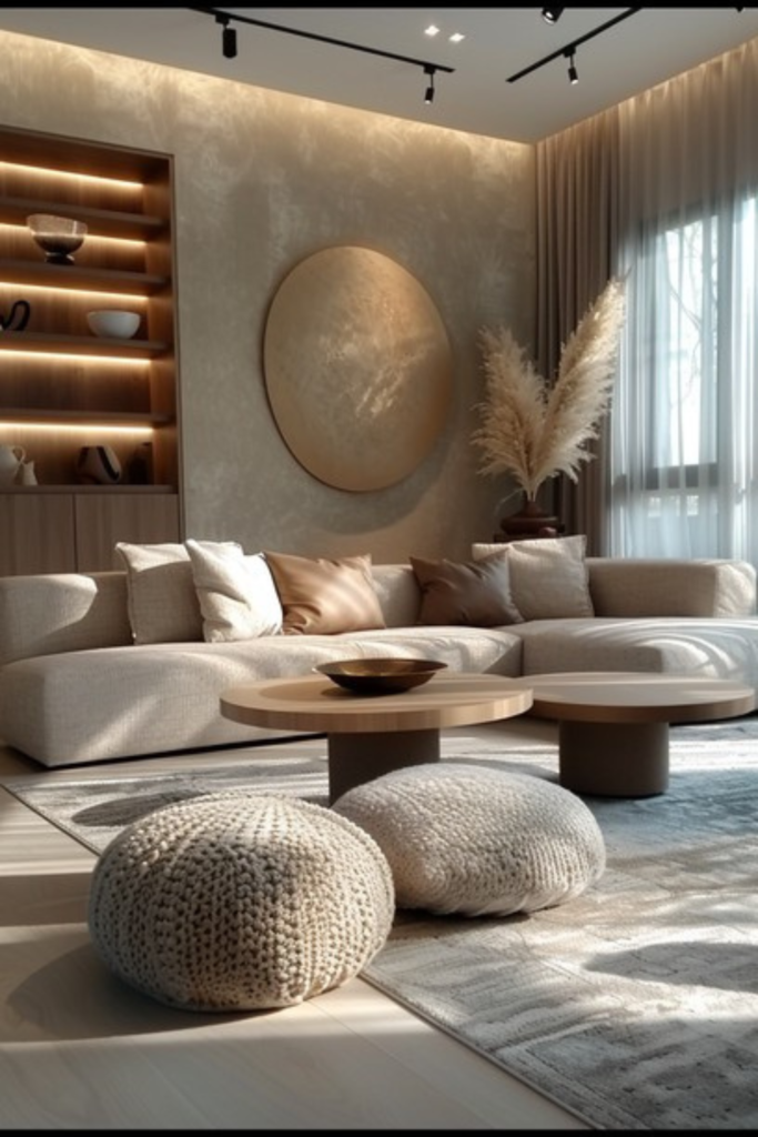 Large cream cloud sectional sofa with chaise in a modern cozy living room, styled with neutral pillows, wooden coffee tables, and a soft area rug in warm natural lighting.
