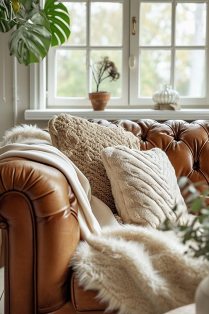 Close-up of camel leather sofa corner styled with cream and tan textured throw pillows and a soft blanket, with natural light and greenery in the background.