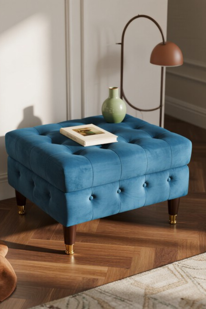 Dusty blue upholstered storage bench styled with a book and decorative vase on wood parquet flooring in a cozy, modern living room setting.
