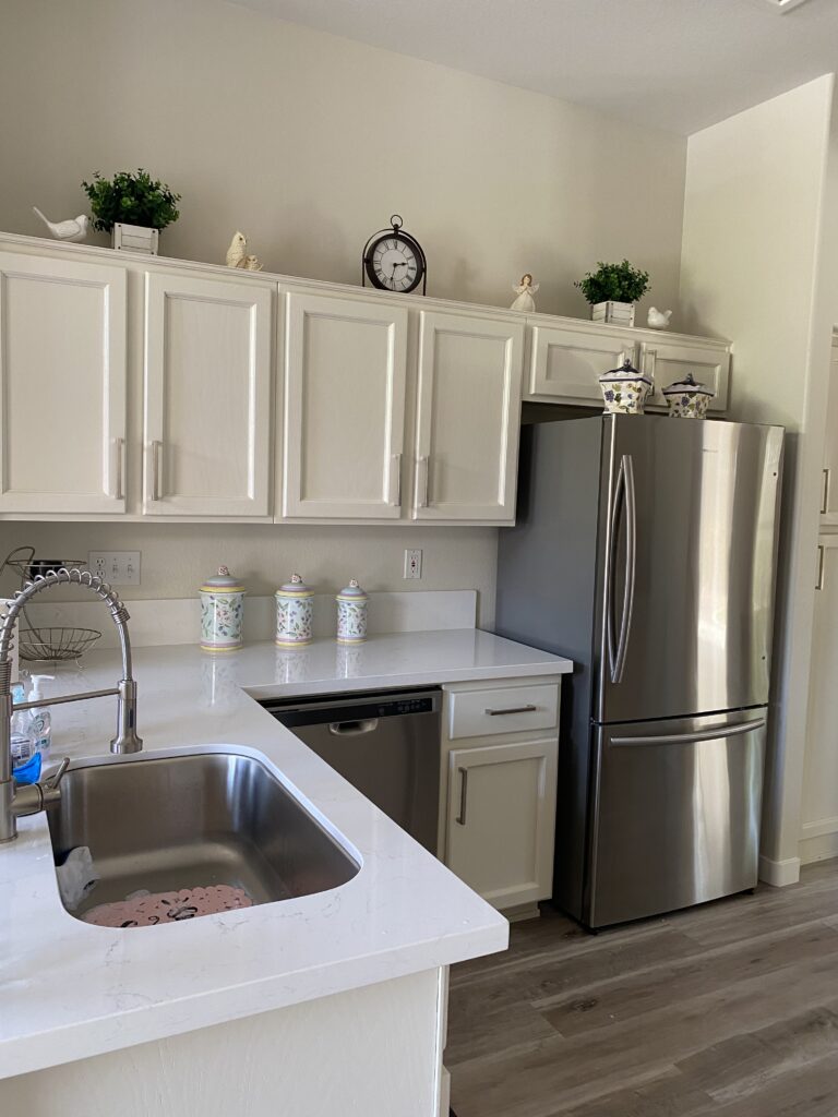 Professionally organized white kitchen with clean countertops, organized cabinets, and functional storage solutions.